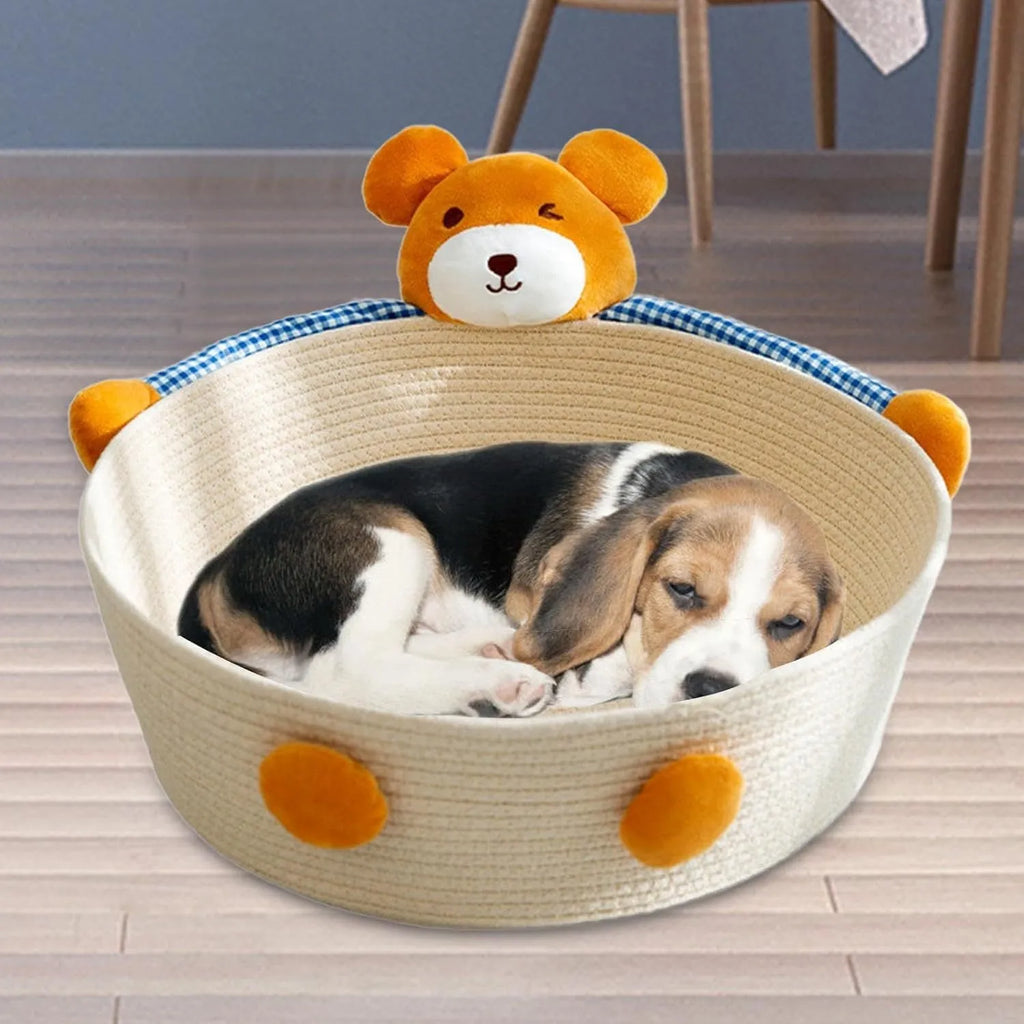 Woven cotton rope cat bed basket with integrated scratch pad, shown in three sizes.