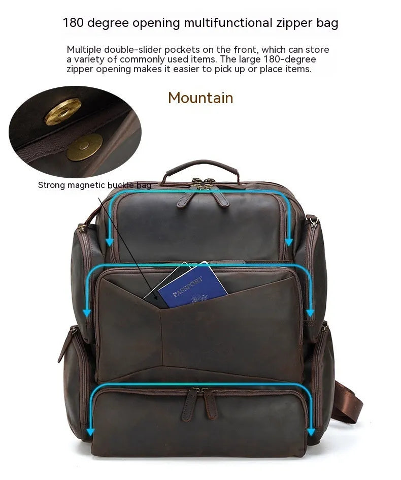 Dark brown Retro Crazy Horse leather backpack for men with a 17-inch laptop compartment open.