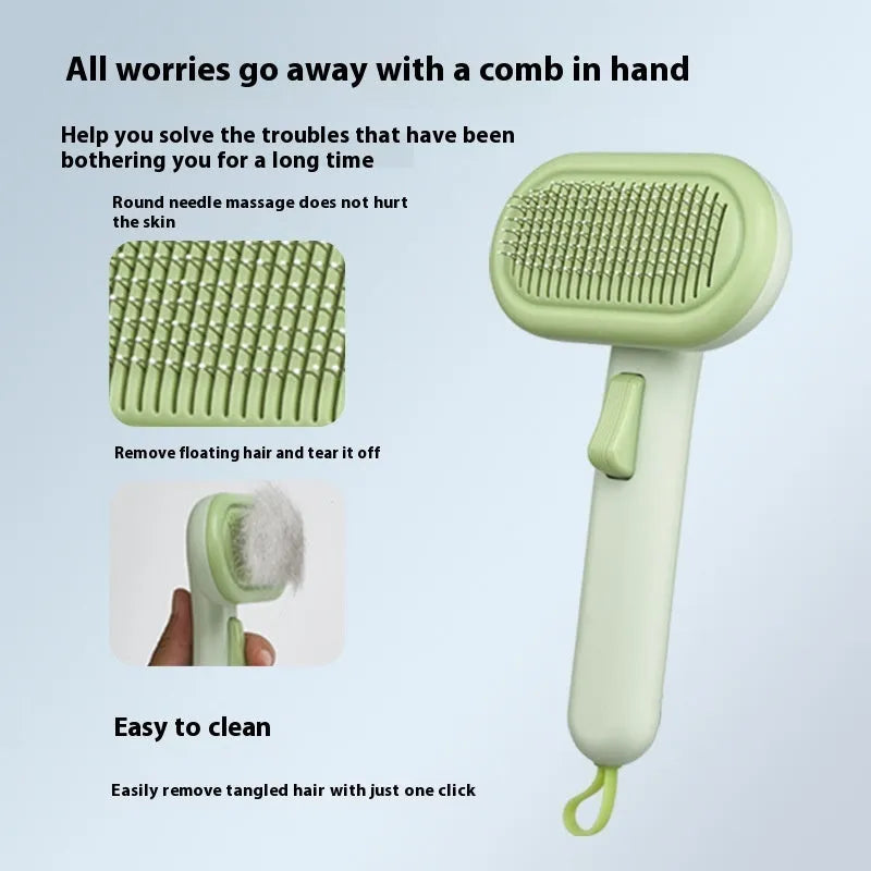 Large pet hair removal comb with stainless steel blade and one-click shaver for cats and dogs in light grey colour