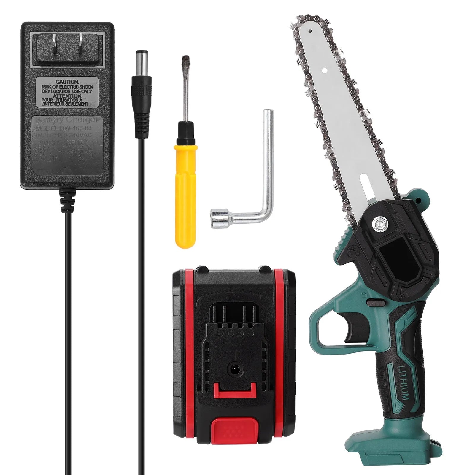Black and green mini electric chainsaw with 4-inch bar held in one hand.