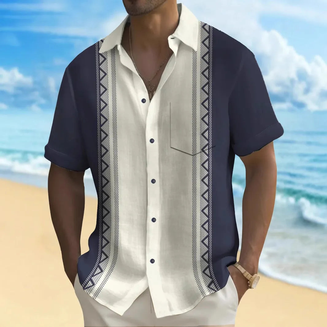 Multicolour printed loose-fit men's leisure shirt on a hanger