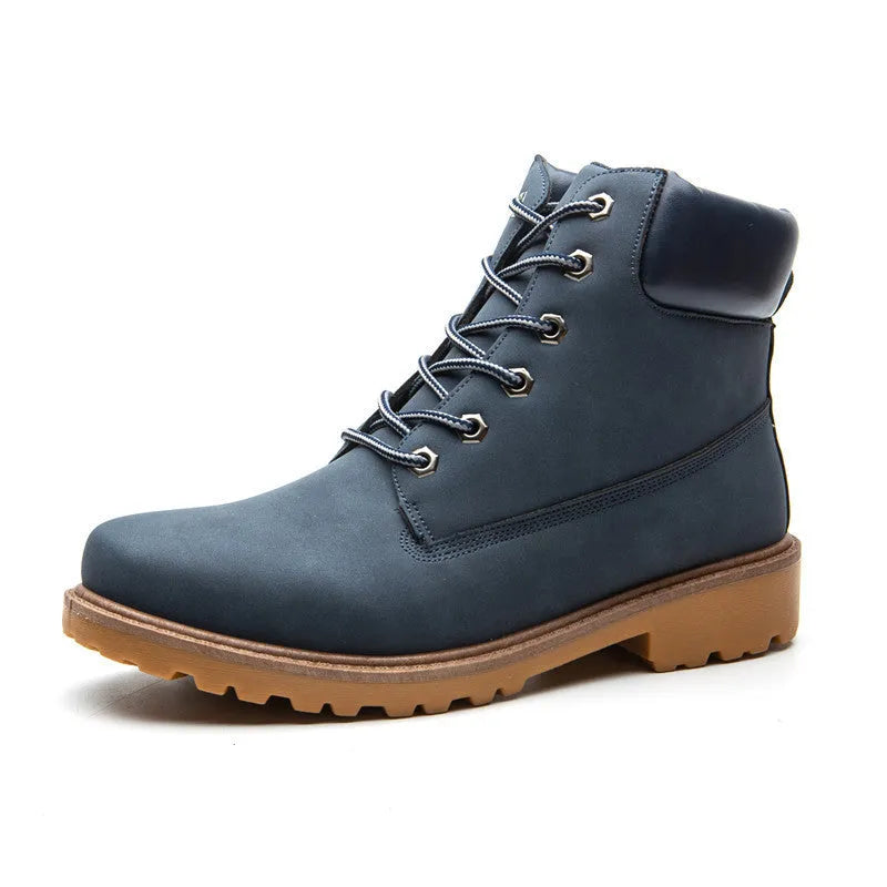 Pink men's high-top Martin boots with velvet lining, round toe, and flat sole on a white background.
