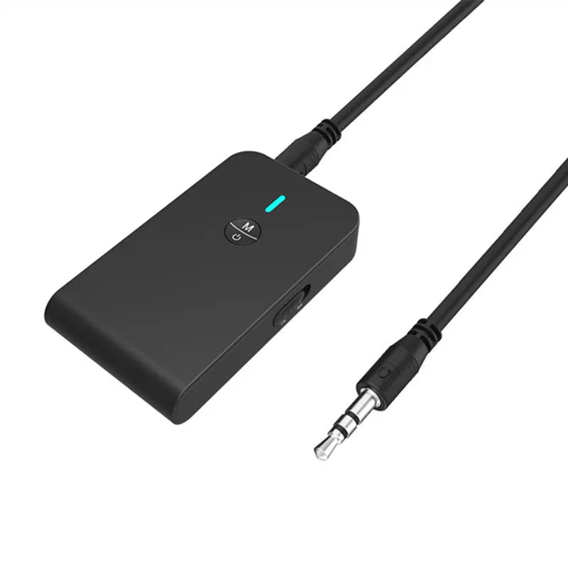 Black Bluetooth adapter with 3.5mm AUX plug for wireless audio transmission