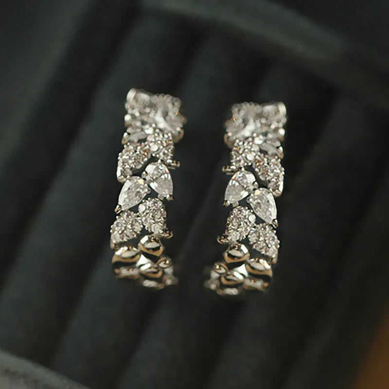 Women's geometric copper earrings with inlaid zircon in white gold colour, wheat and leaf design