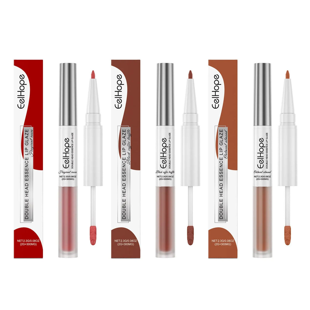 Double-headed lip pen showing lip liner on one end and liquid lacquer applicator on the other