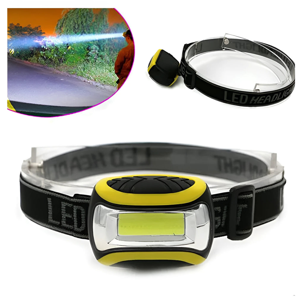Yellow Major brand headlamp with COB LED light source and adjustable strap for outdoor use.