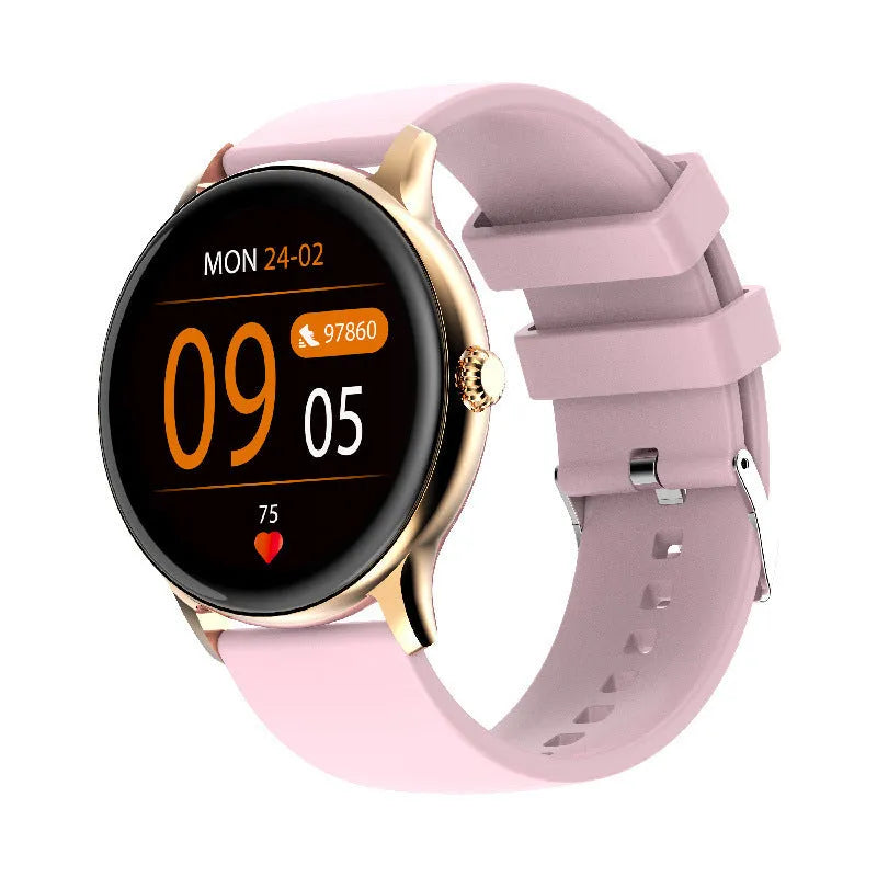Black Bluetooth sports watch with blood pressure monitoring on a silicone strap, showing its 1.28-inch screen.