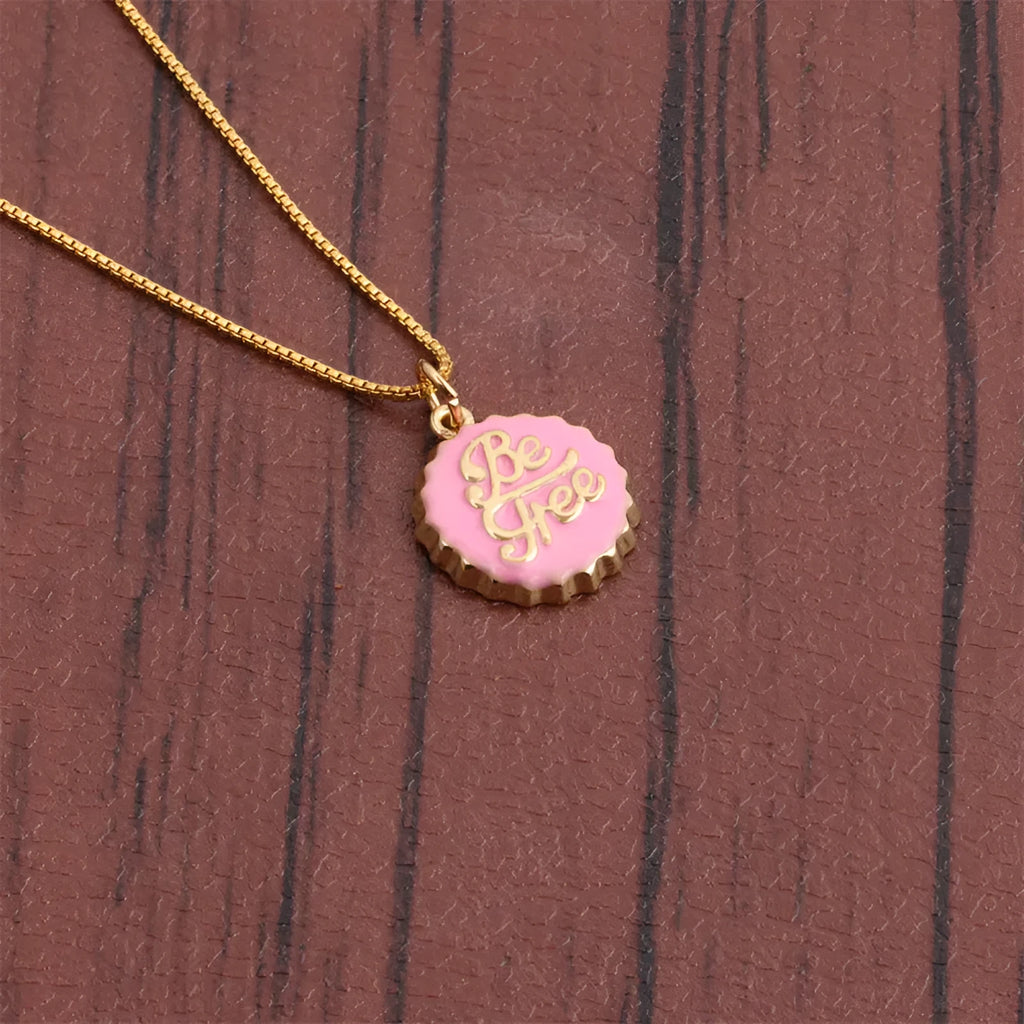 Copper bottle cap pendant necklace with gold plating on a 40cm box chain in assorted colours.