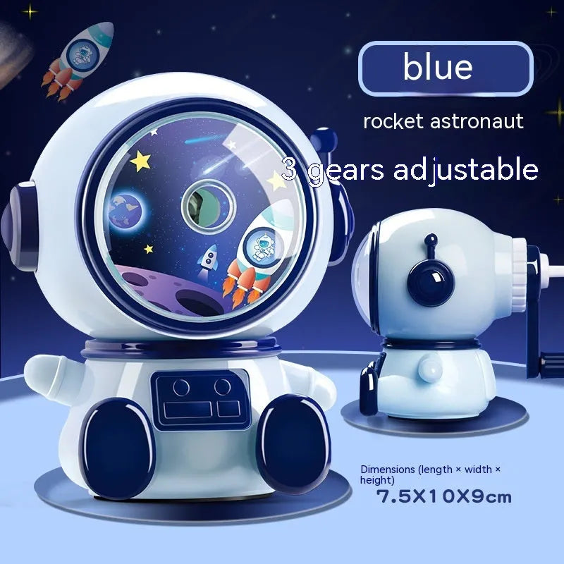 Children's manual pencil sharpener with astronaut design showing adjustable sharpening settings