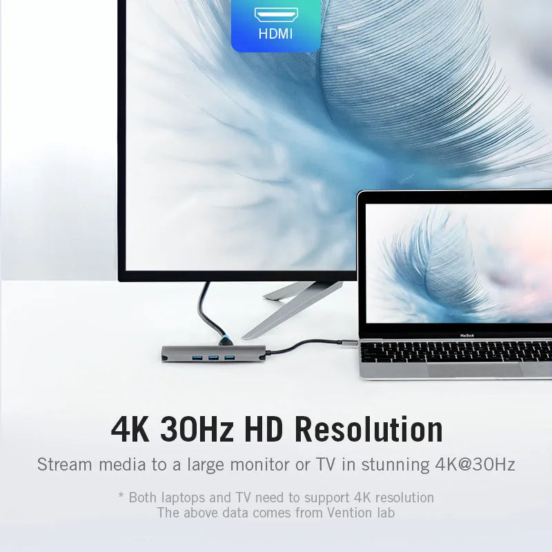 Deep grey CNDHB USB-C hub showing HDMI, Ethernet, USB ports, and card slots next to a laptop.