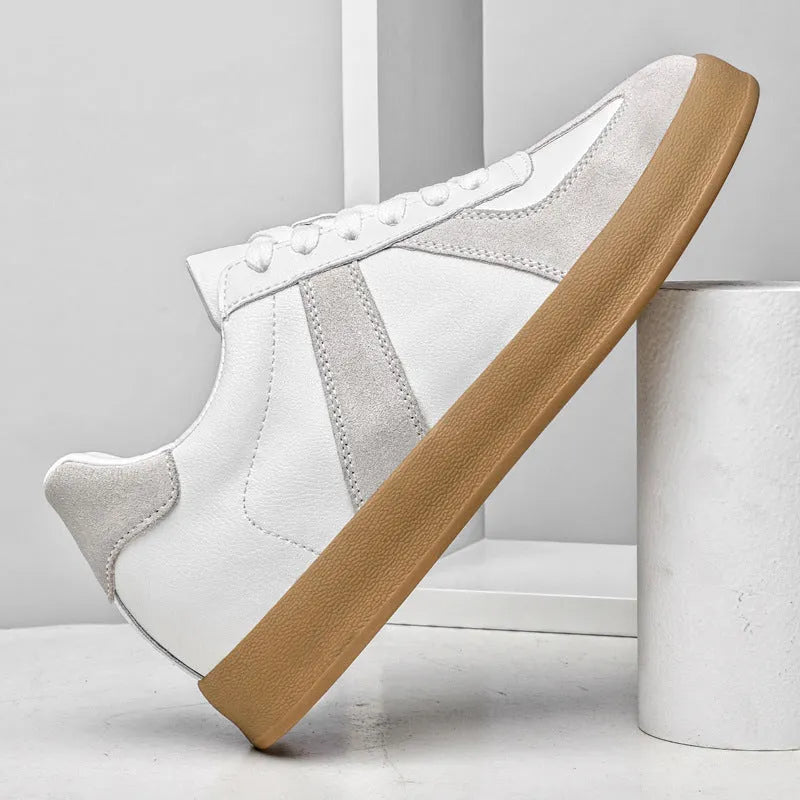 Men's retro colour-matching casual sneakers, two-layer cowhide leather upper, black colourway