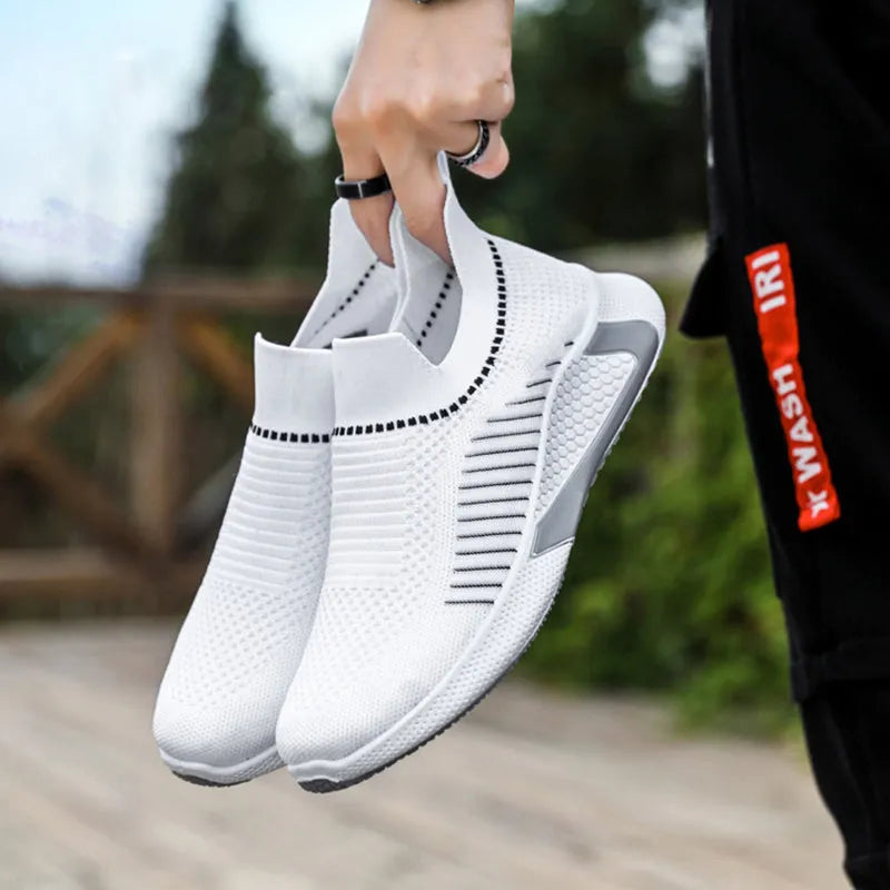 Men's striped mesh sock shoes with flyknit upper and lace-up front in multiple colour options
