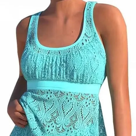 Women's conservative hollow-out two-piece swimsuit set in solid colour.