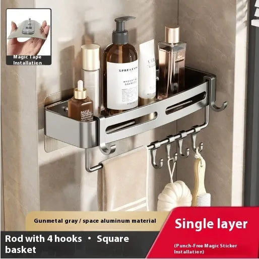 Gun grey wall-mounted bathroom storage rack with corner design and punch-free installation