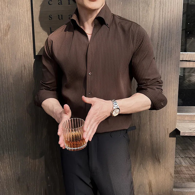Men's dark striped long sleeve V-neck casual shirt in cardigan style