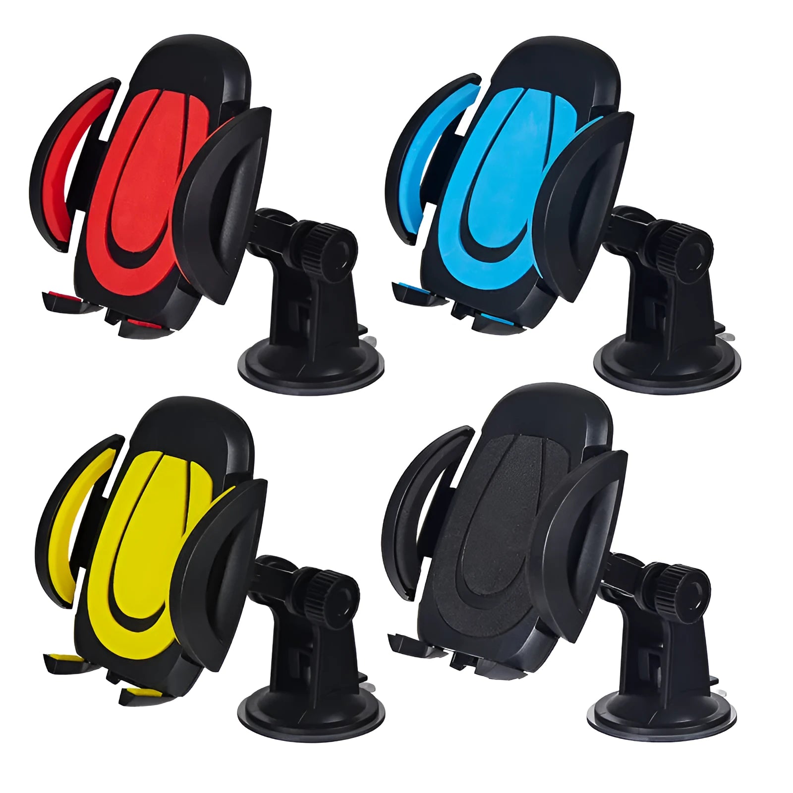 Blue U-shaped suction cup car phone holder with wide clamp arms, mounted on a dashboard holding a mobile phone.