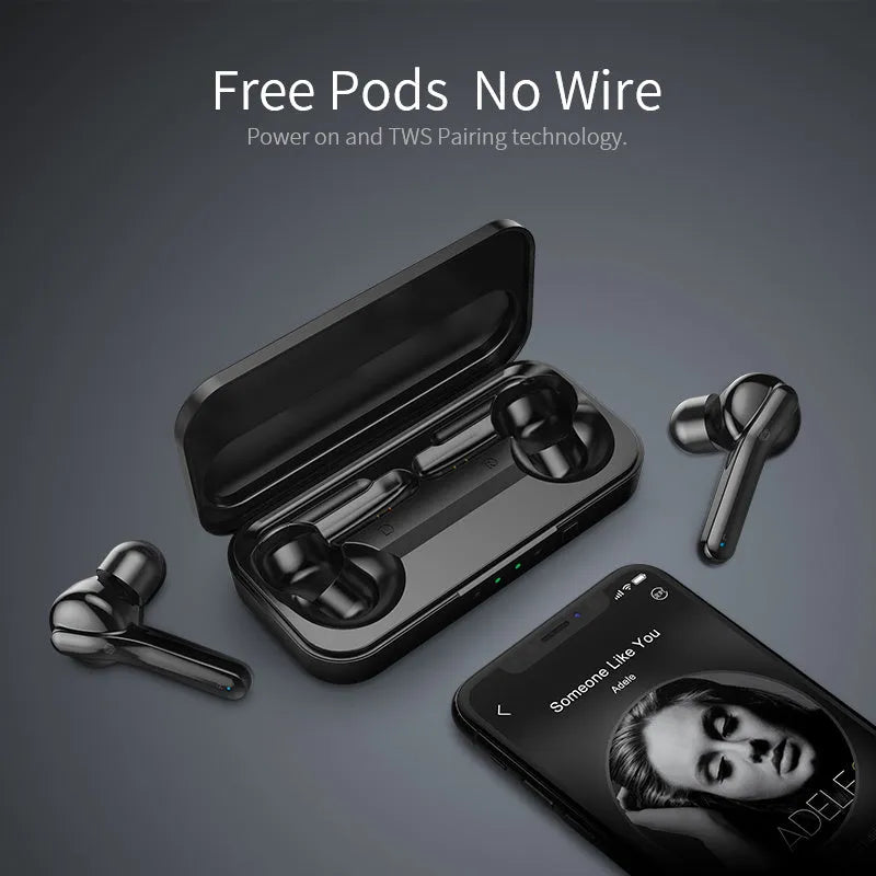 Black and white true wireless earbuds with Bluetooth 5.0 and IPX5 splash resistance.