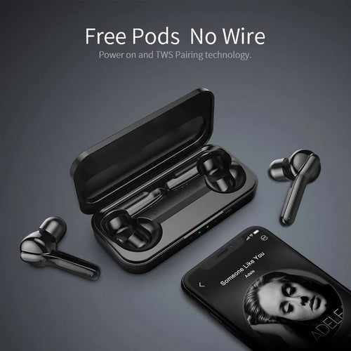 Black true wireless Bluetooth earbuds with in-ear design and IPX5 waterproof rating.