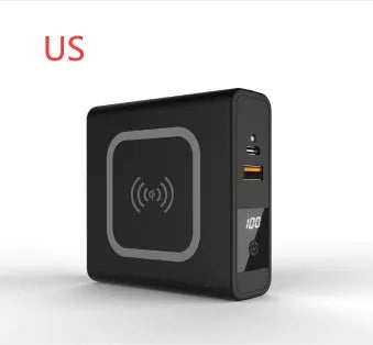 Black and white PD20W fast charging power bank with wireless capability and integrated plug