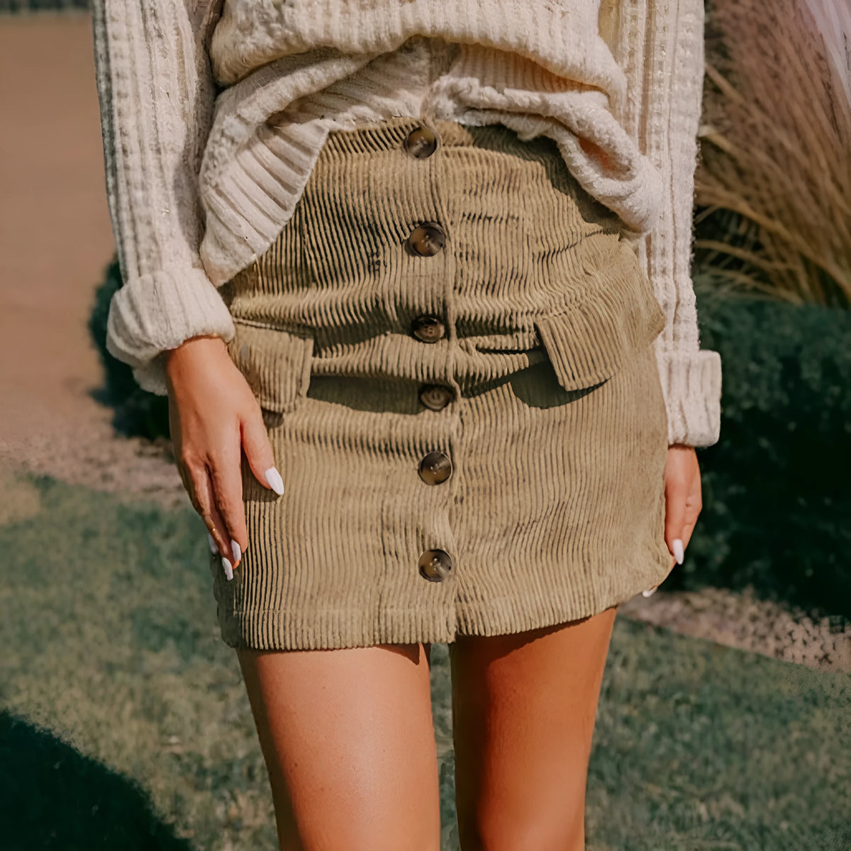 Women's corduroy hip skirt in coffee colour with sewn button detail, short street style skirt, sizes S to XL
