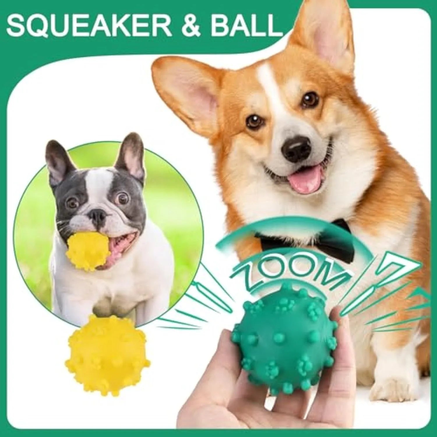 Bright blue, green, pink, and yellow spiked squeaky dog toy balls on a grass lawn.