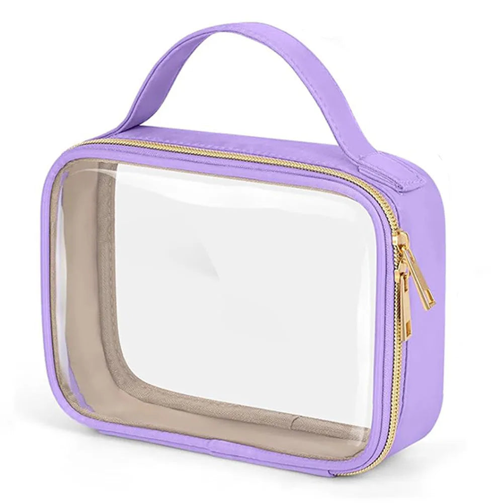 Transparent PVC makeup organiser bag with chain handle in assorted colours on a plain background.