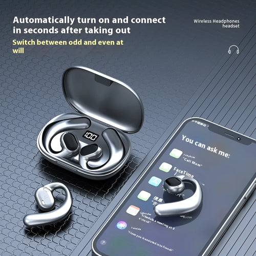 Black and white ear-mounted Bluetooth headset with digital display screen and breathing light indicator