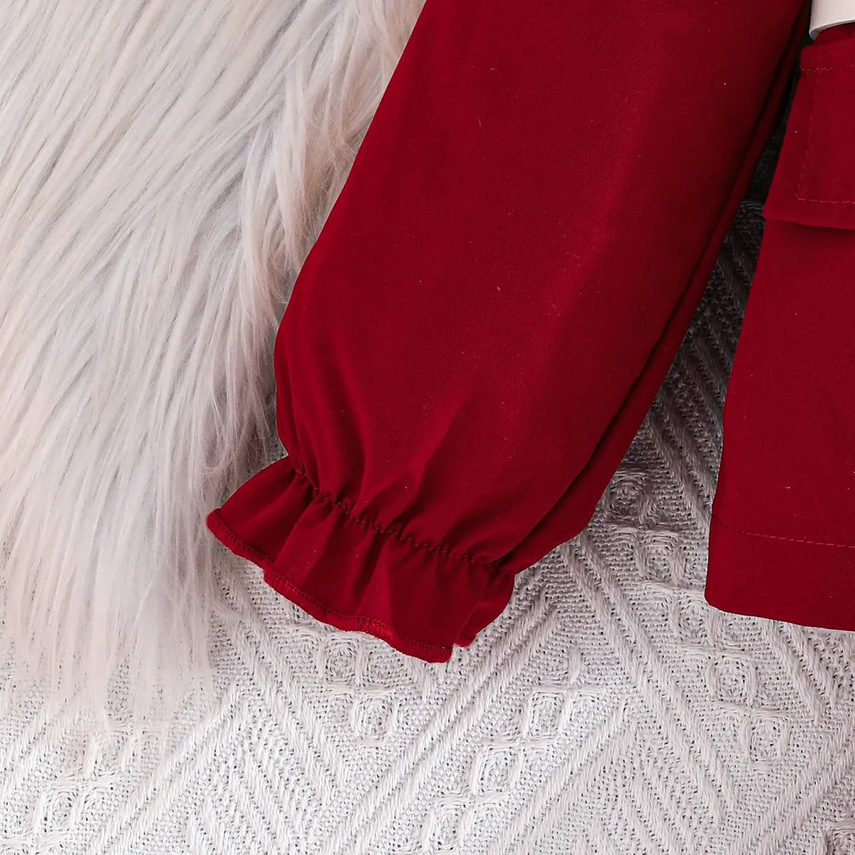 Girls' three-piece outfit with long-sleeved white belt top, ruffled blazer and full-length trousers in two colours