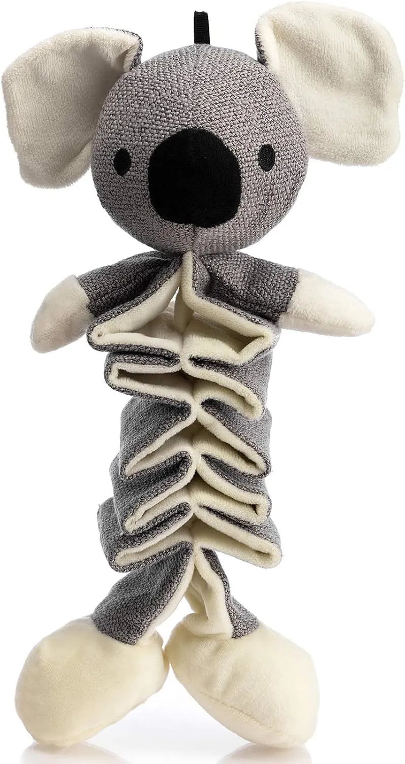 Gray koala-shaped dog chew toy with crinkle paper and squeaker, measuring 30cm.