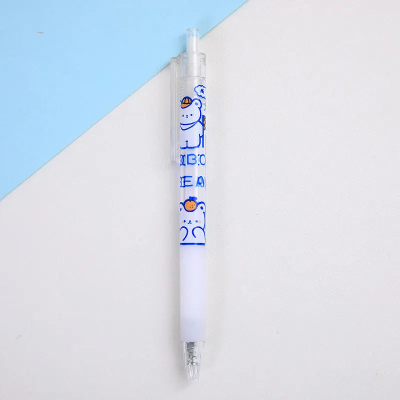 Set of six colourful bear and rabbit themed press pen knives on a white background.