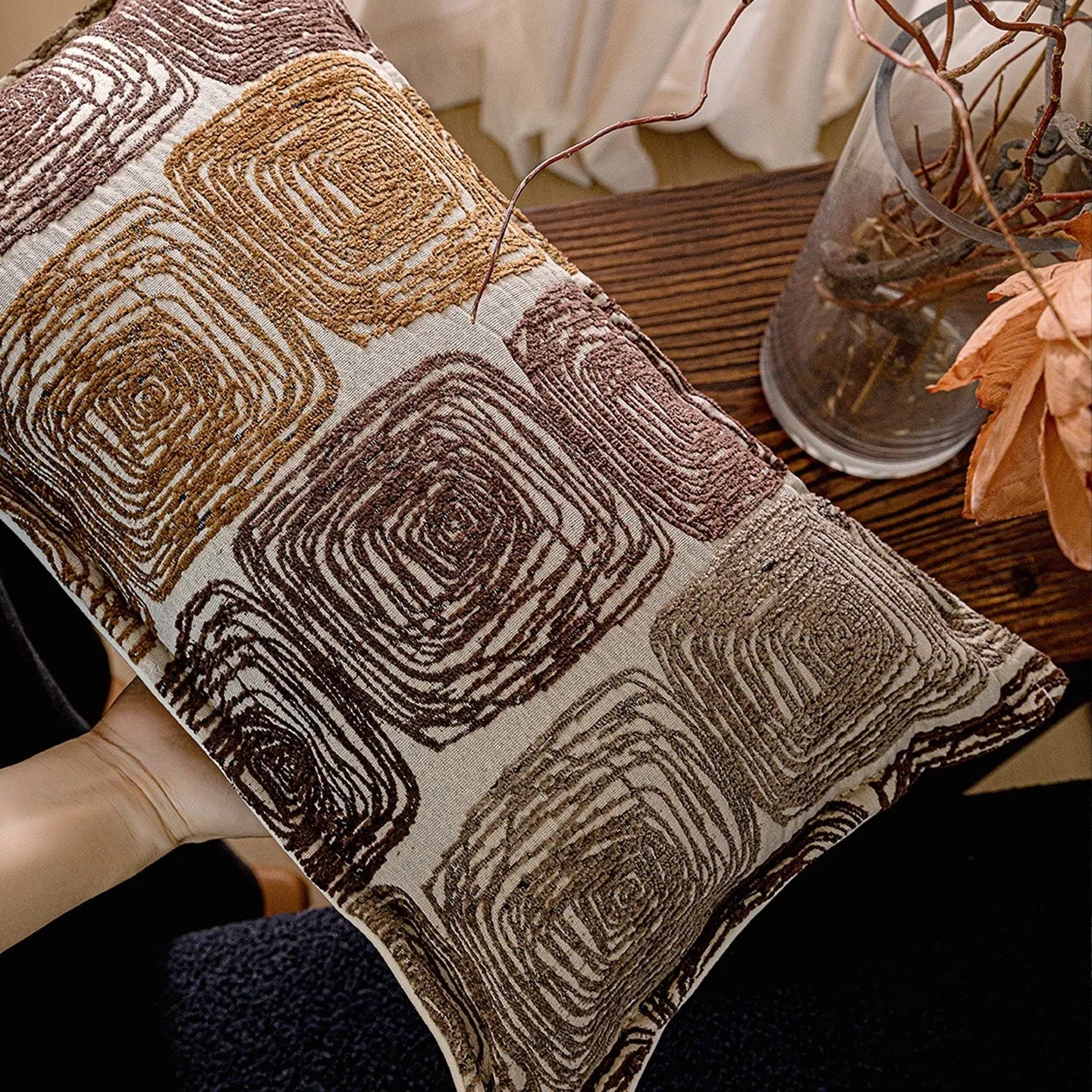 Cream and coffee-coloured abstract coil pattern pillow cover set with square and rectangular options