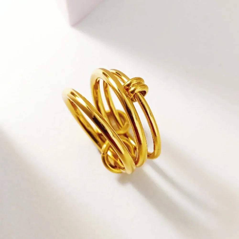 Sanhuan titanium steel ring geometric line design Trinity gold B398 on finger unisex size no 7