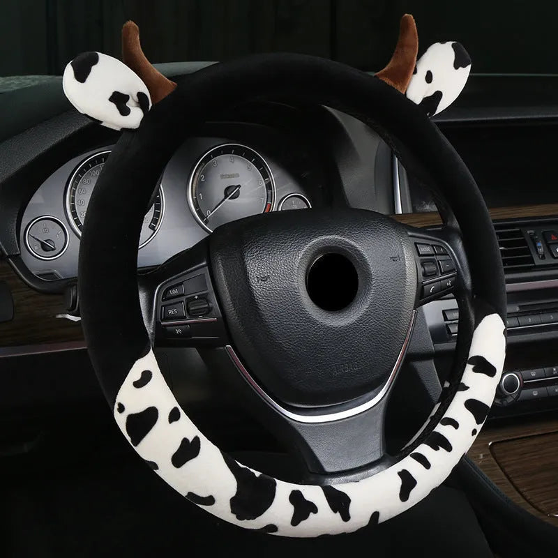 Black short plush steering wheel cover showing protective handle design on 38cm diameter