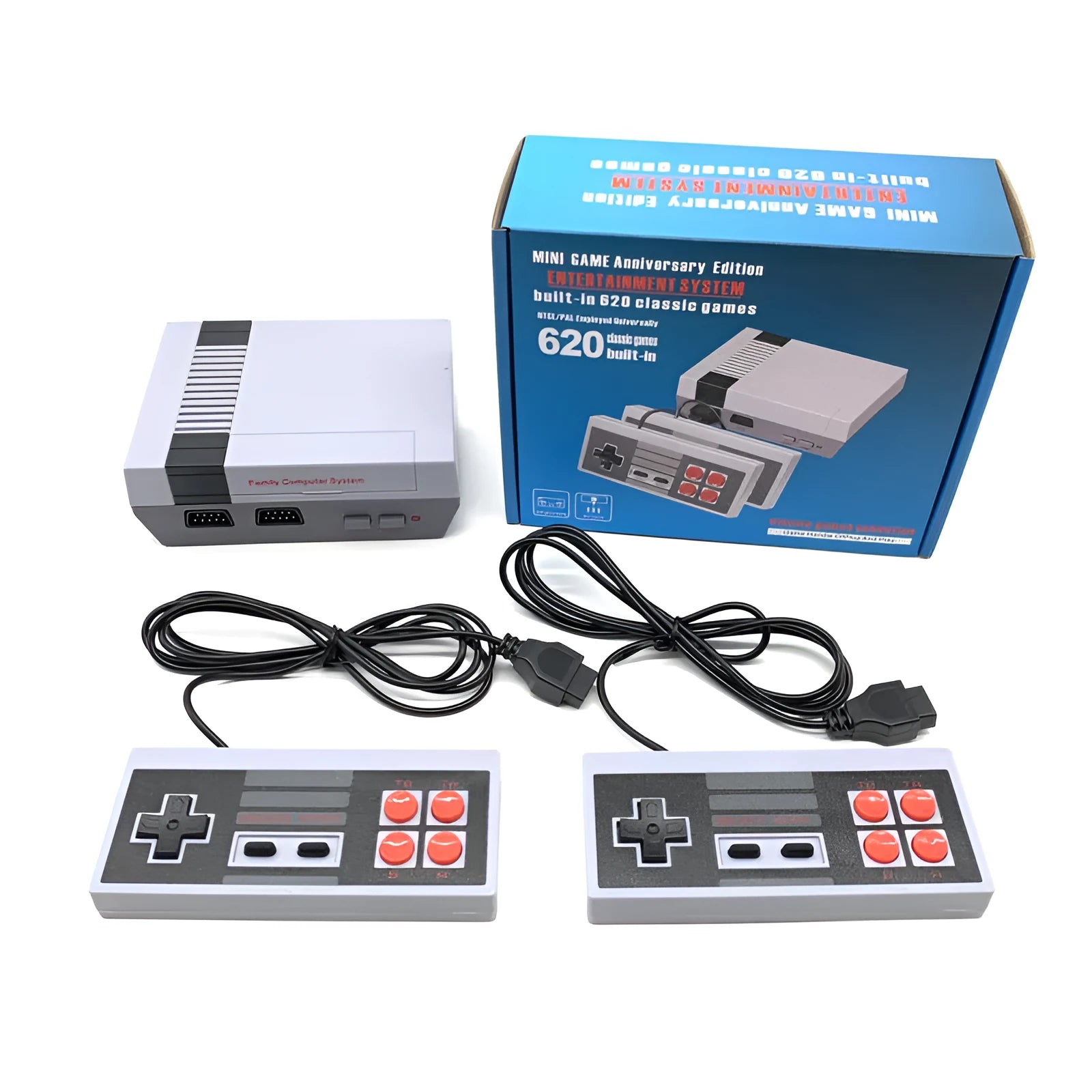 Compact black NES 620 retro game console with two classic controllers on a table.