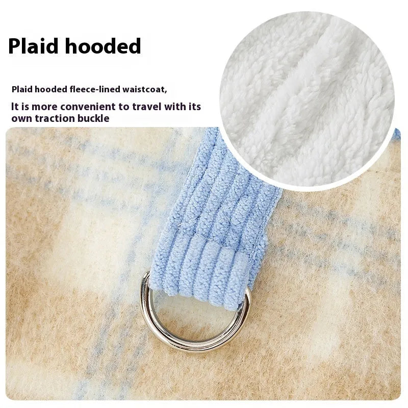 Blue corduroy dog hoodie vest with chessboard pattern and zip front closure