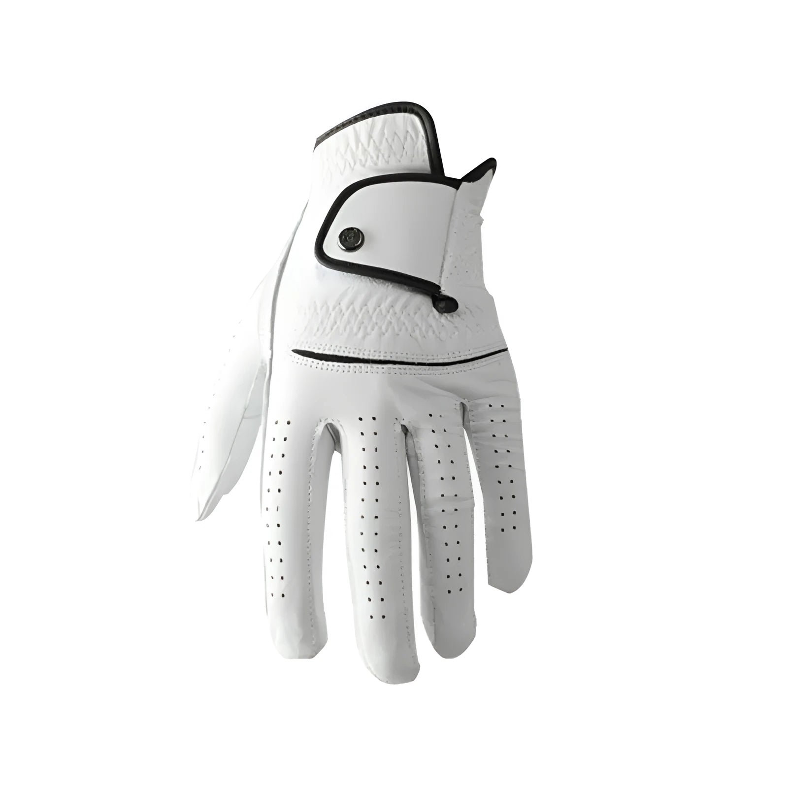 White half sheepskin men's golf glove showing non-slip palm detail.