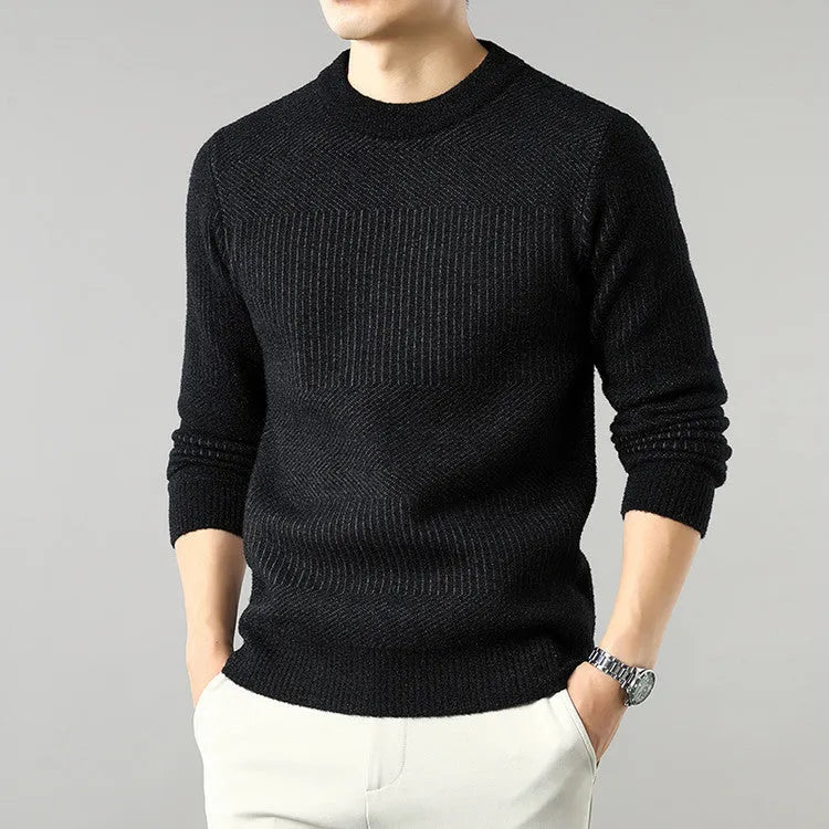 Men's round neck long sleeve chenille sweater in apricot, beige, or black, sizes 165-190, straight pullover casual top
