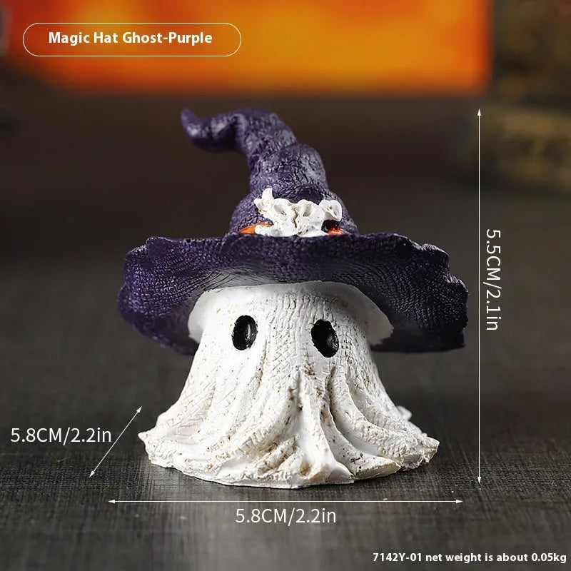 A purple and a black solid resin wizard hat ornament for holiday decoration.