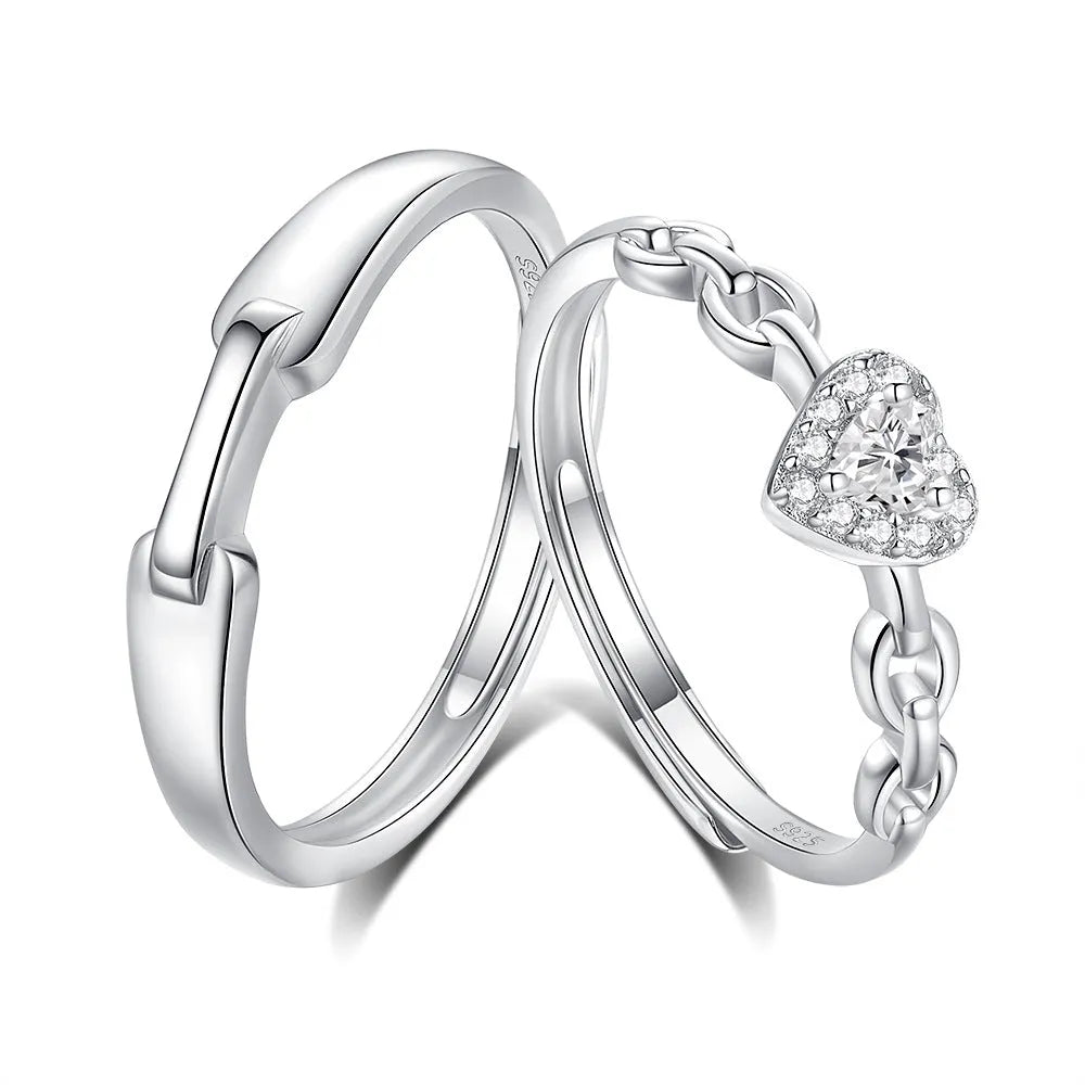 925 silver couple ring with diamond detail and adjustable opening, geometric shape with heart and chain motifs