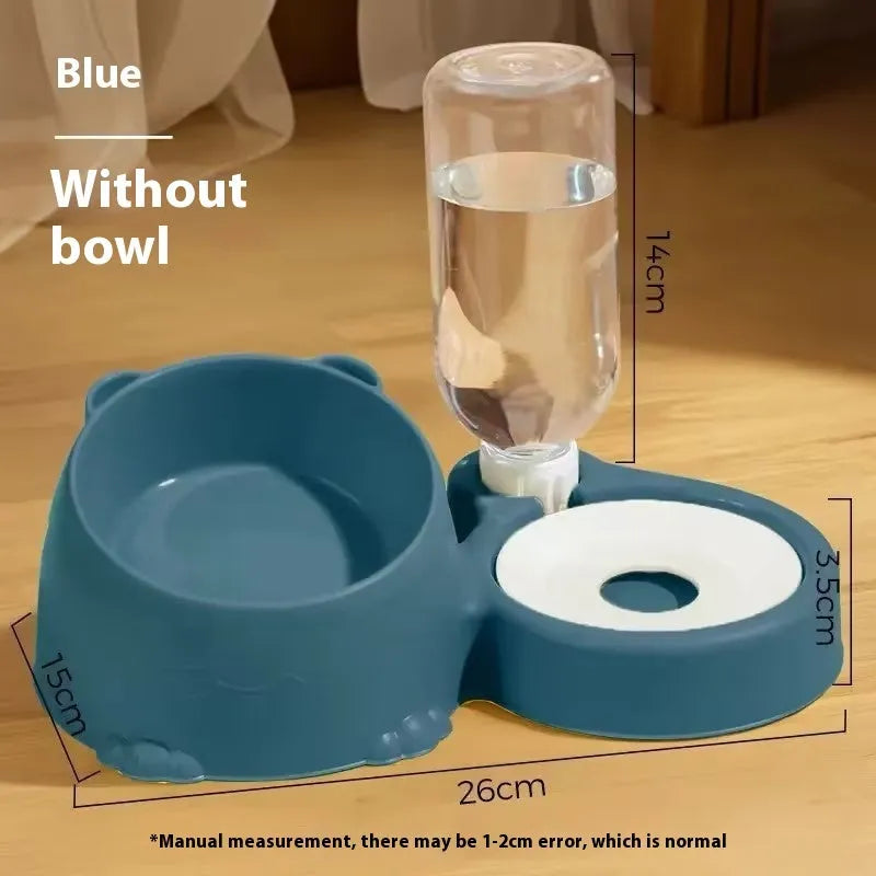 Haze blue plastic automatic pet waterer and food bowl with two compartments and a large water reservoir at the back.