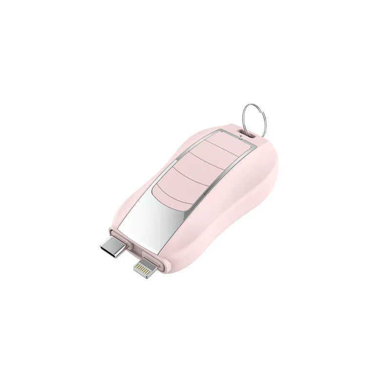 Mini keychain emergency power bank with sports car design in black and blue plastic shell