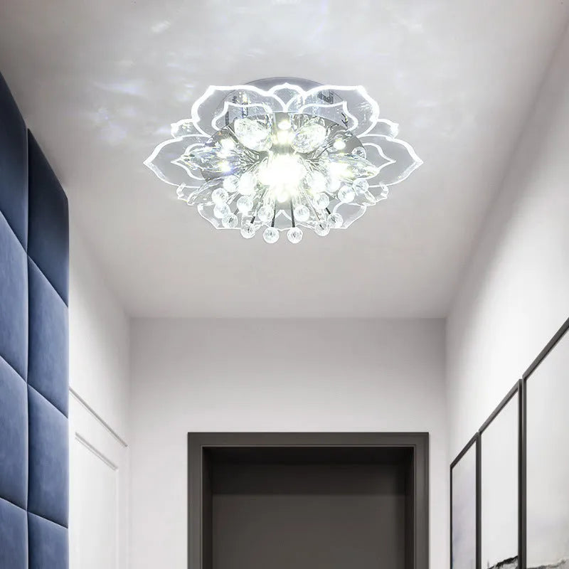 Modern flower-shaped crystal and acrylic ceiling lamp with stainless steel fittings.