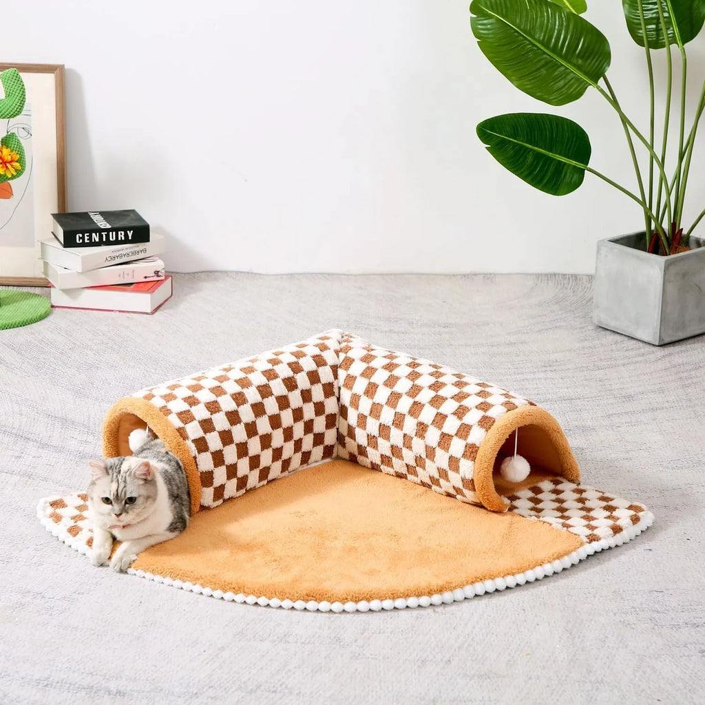 XL yellow plush pet bed with a connected tunnel and granular anti-slip base.