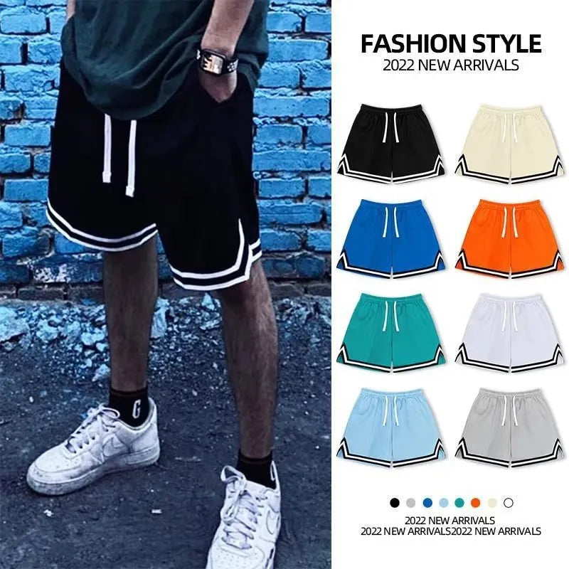 Men's loose-fit polyester sports shorts in multiple colours on a size chart.