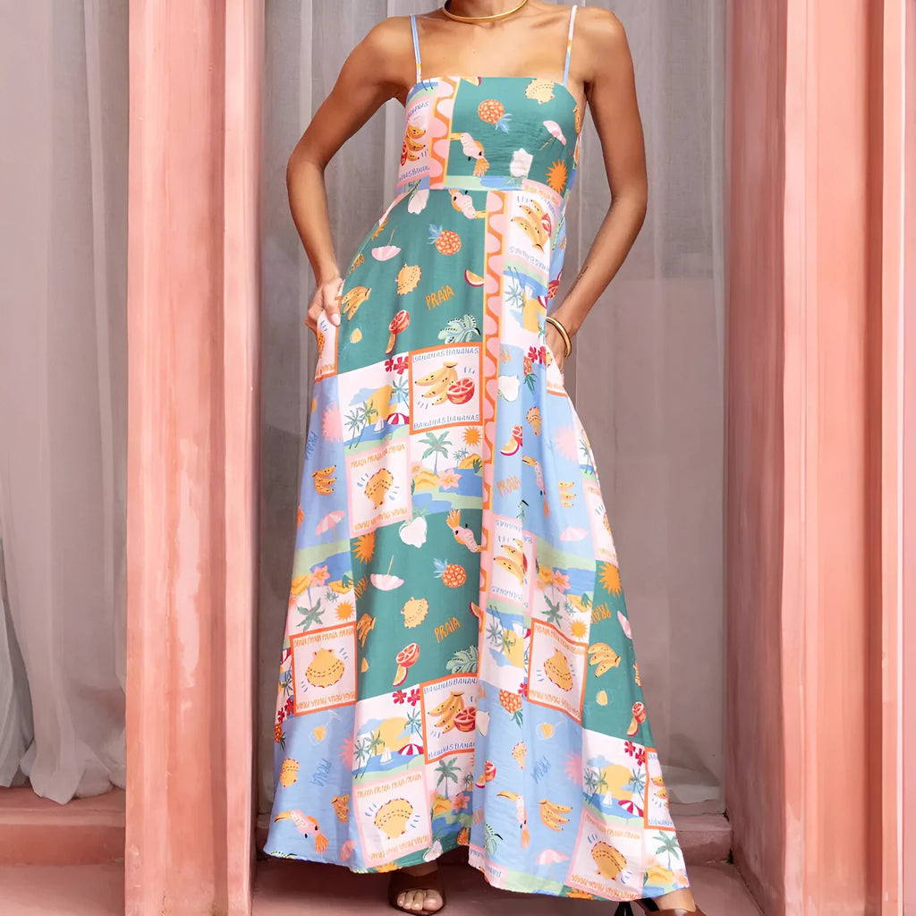 Women's green printed flared strap sleeveless long polyester dress with pockets on a model