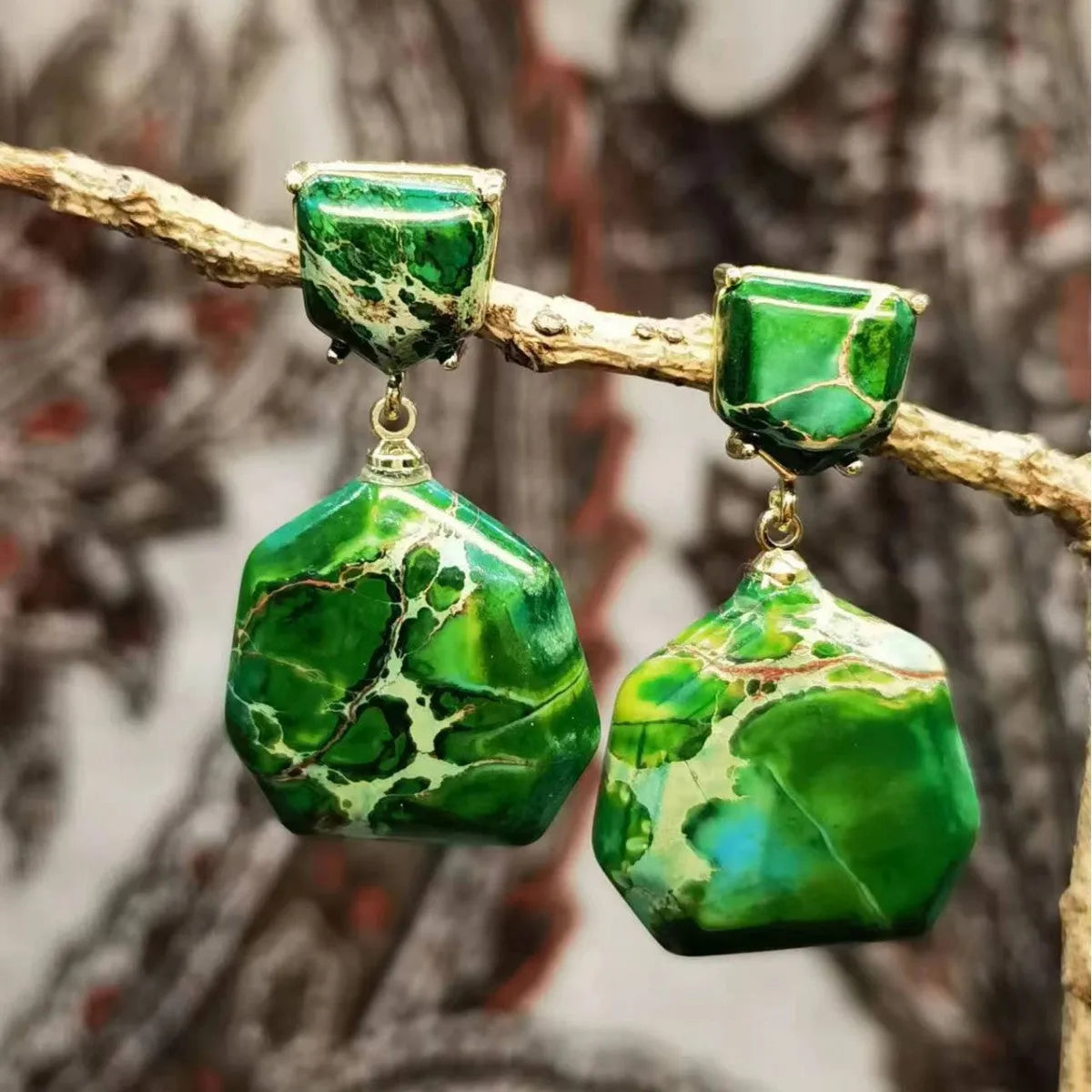 Emperor stone geometric retro ethnic style stud earrings for women, one pair, natural stone finish
