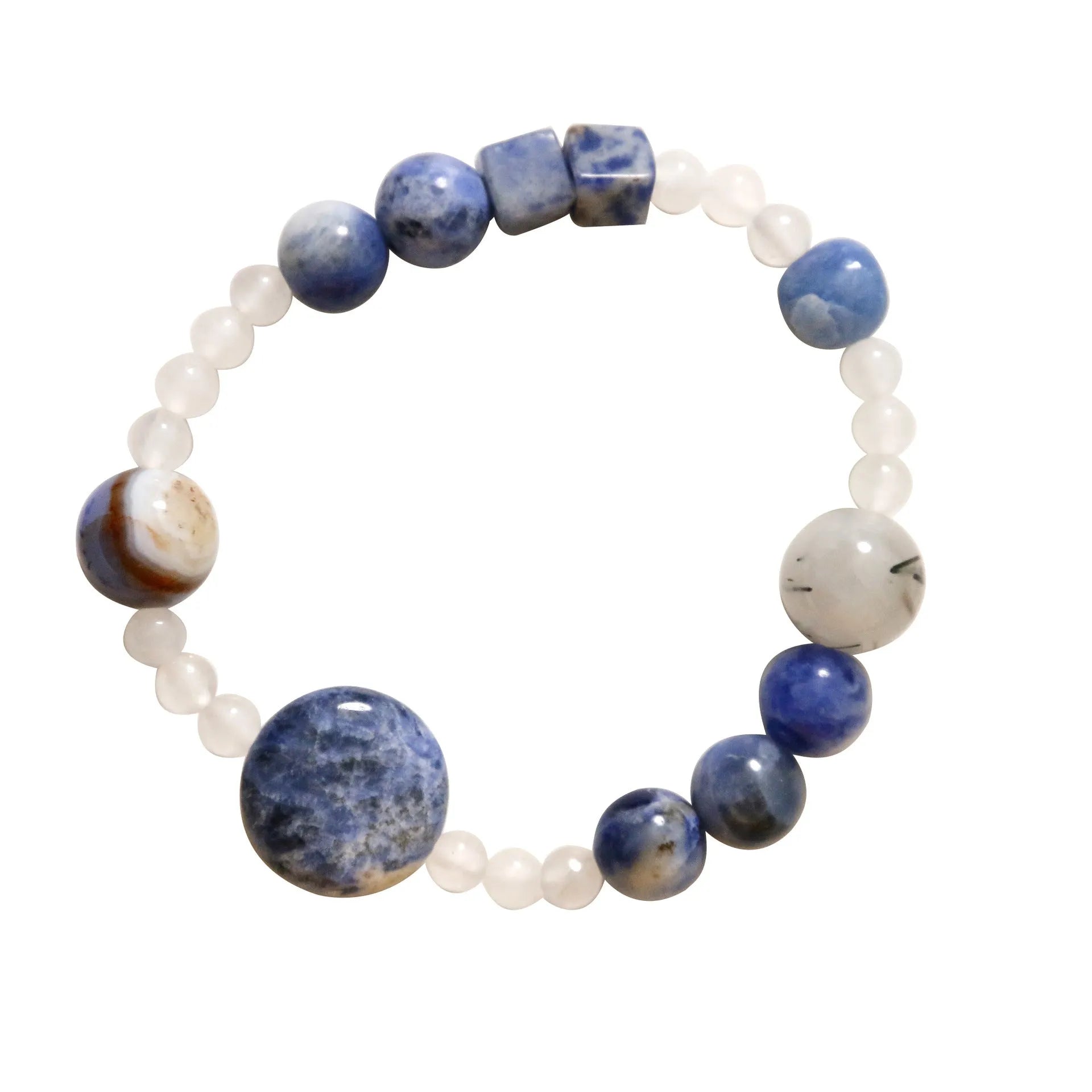 Hand-woven unisex bracelet with blue point stone and black hair crystal agate in a geometric design.