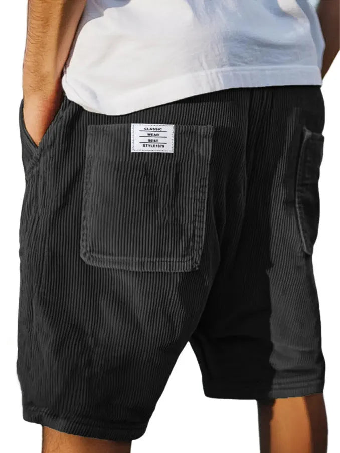 Men's straight-leg corduroy shorts with multiple pockets and embroidery detailing in grey colour