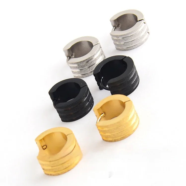 Korean style frosted geometric titanium steel earrings with three-line design in black, gold, and steel colours