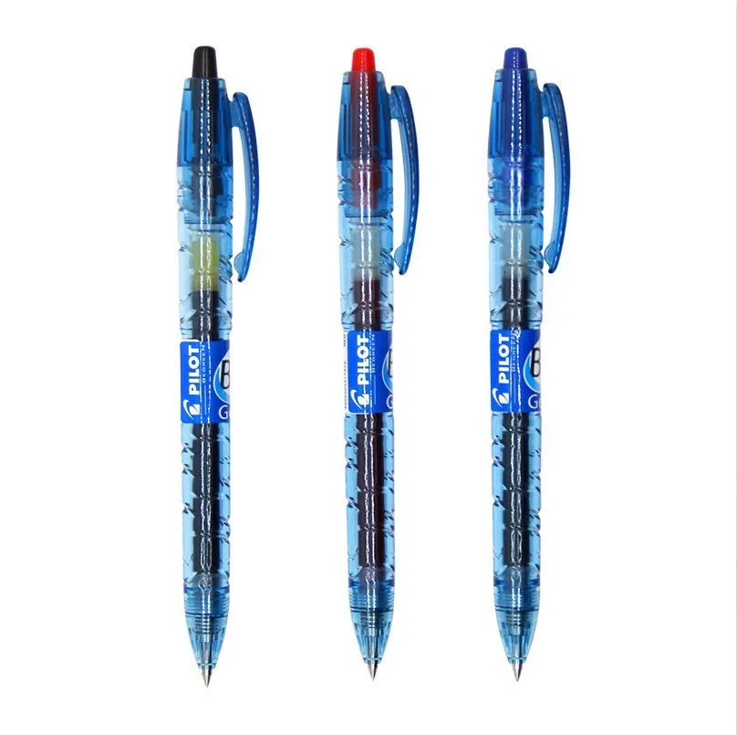 0.5mm press gel pen with transparent blue barrel showing refill colour